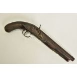 AN APPROXIMATELY 26 BORE SINGLE BARREL FLINTLOCK HOLSTER PISTOL, maker unknown with a 9'' barrel and