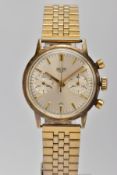 A 1950'S HEUER TWIN DIAL CHRONOGRAPH GOLD PLATED WRISTWATCH, the circular face with silvered dial,