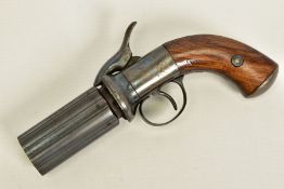 AN ANTIQUE PEPPERBOX SIX CHAMBER PERCUSSION REVOLVER, fitted with 3'' barrel bearing Birmingham