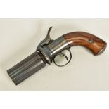 AN ANTIQUE PEPPERBOX SIX CHAMBER PERCUSSION REVOLVER, fitted with 3'' barrel bearing Birmingham