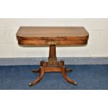 A REGENCY ROSEWOOD AND BRASS INLAID FOLD OVER CARD TABLE, the shaped rectangular top with rounded