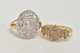 TWO 9CT GOLD DIAMOND DRESS RINGS, the first designed as an elongated cluster of brilliant cut