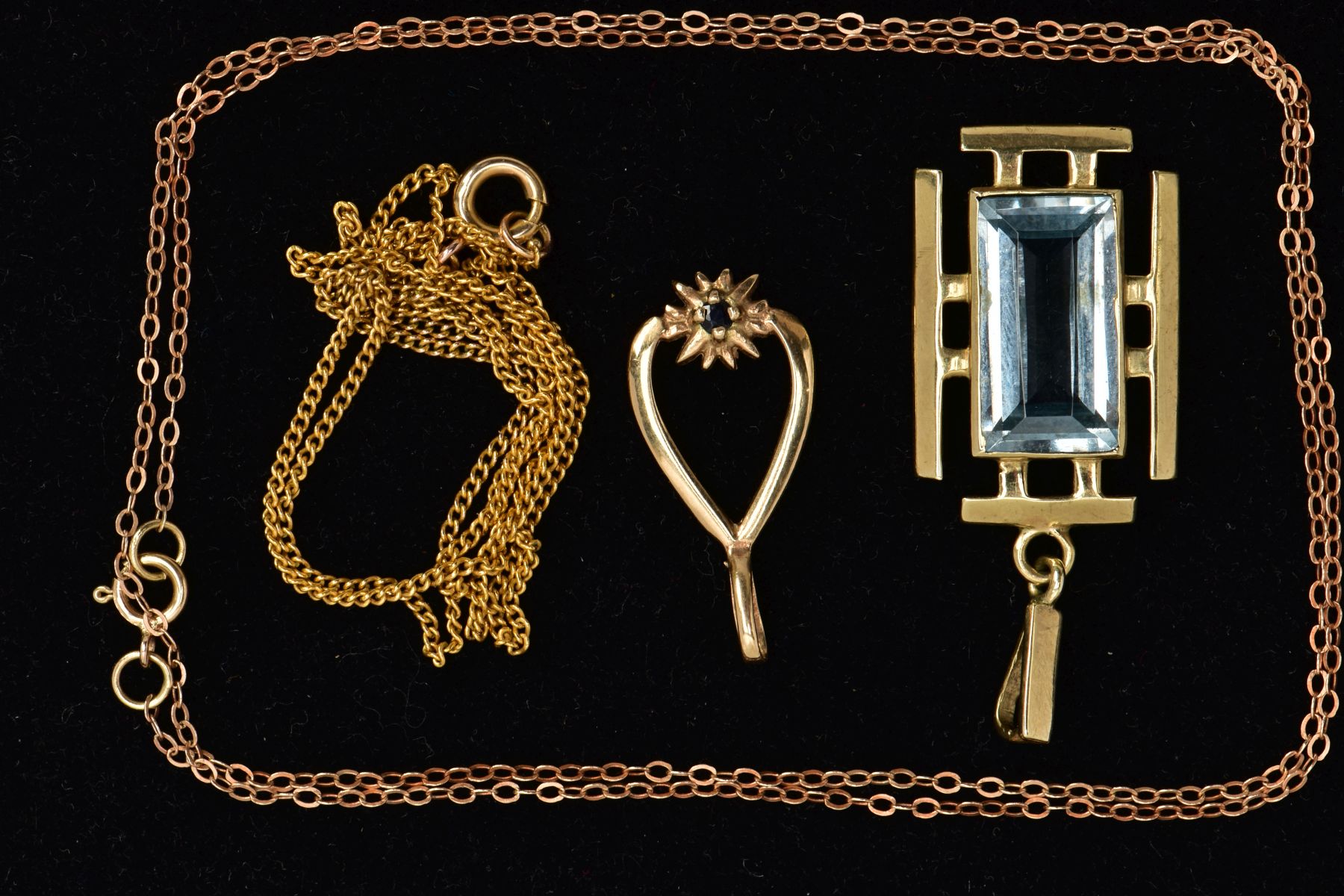 A 9CT GOLD TOPAZ PENDANT, TWO YELLOW METAL CHAINS AND A YELLOW METAL PENDANT, the first pendant of - Image 2 of 2