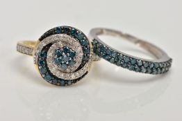 TWO 9CT GOLD DIAMOND RINGS, the first a brilliant cut treated blue diamond and single cut diamond