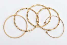 9CT GOLD BANGLES, to include three twisted hollow bangles, hallmarked 9ct gold Sheffield, one