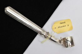 A FRENCH SILVER HAM BONE HOLDER, tapered handle, together with an adjustable screw key clamp,