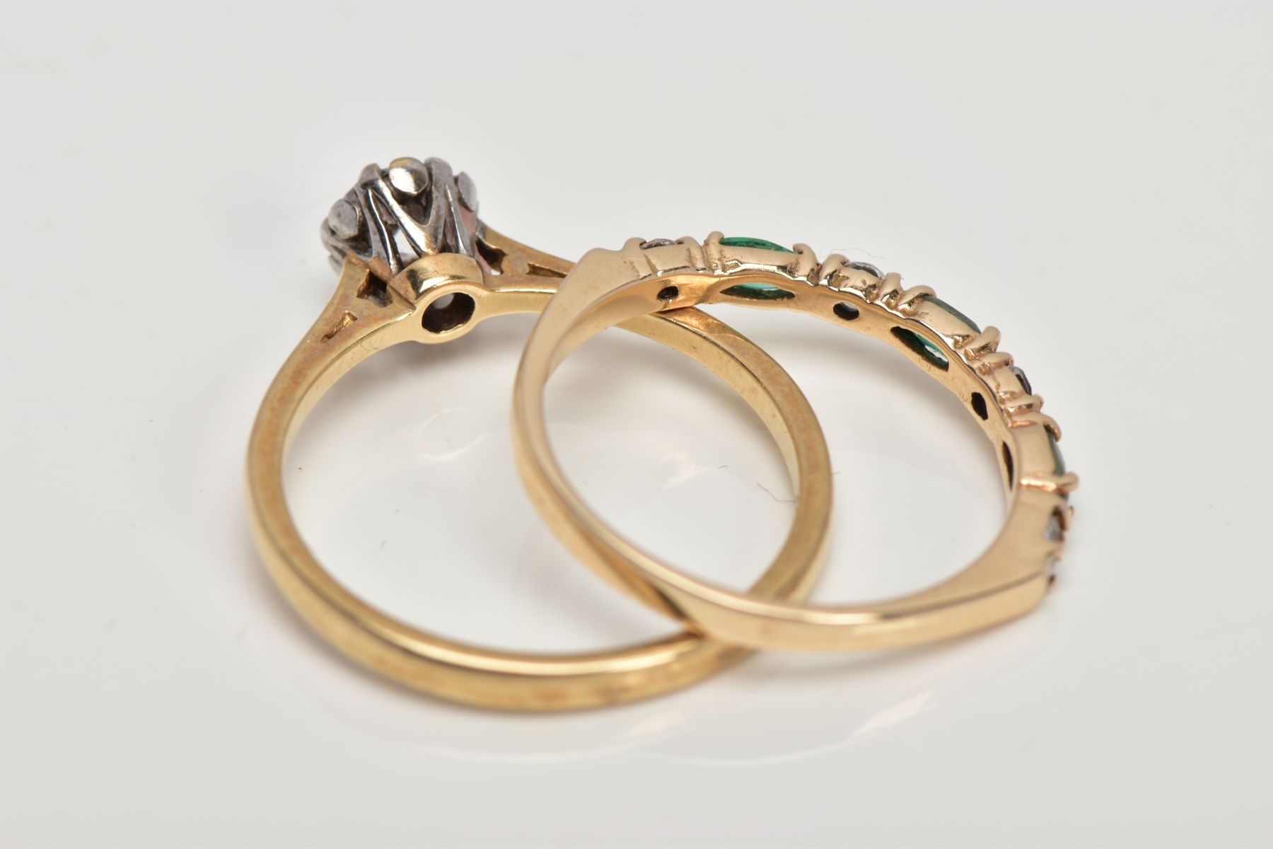 A 9CT GOLD DIAMOND AND EMERALD HALF ETERNITY RING AND A SINGLE STONE RING, the half eternity set - Image 3 of 3