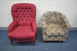 A PARKER KNOLL BUTTONED RED UPHOLSERED ARMCHAIR, on brass caps and casters, along with a floral