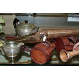 THREE LEATHER CASED HUNTING RELATED ITEMS, two hip flasks and a horn (all very worn and rusty), a