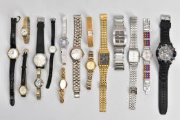 A BOX OF ASSORTED LADIES AND GENTLEMENS WRISTWATCHES, mostly quartz movements, with names to include