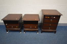 A STAG MINSTREL THREE PIECE BEDROOM SUITE comprising a slim chest of four drawers, width 53cm x