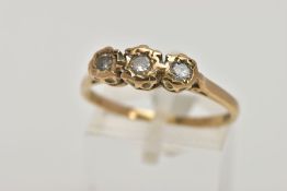 A 9CT GOLD, THREE STONE DIAMOND RING, designed with three graduated, round brilliant cut diamonds,