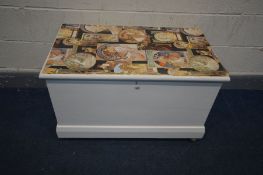 A WHITE PAINTED TOOL CHEST, with twin handles on casters, width 89cm x depth 51cm x height 54cm