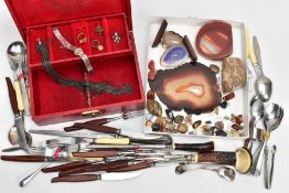 A TRAY OF SEMI-PRECIOUS STONES AND A JEWELLERY BOX AND FLATWARE, semi-precious stones to include