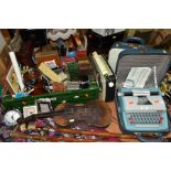 TWO BOXES AND LOOSE BOOKS, VINTAGE COMPUTER GAME CONSOLE, TYPEWRITERS, RADIO, VIOLIN, ETC, to