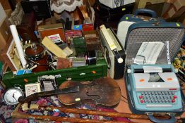 TWO BOXES AND LOOSE BOOKS, VINTAGE COMPUTER GAME CONSOLE, TYPEWRITERS, RADIO, VIOLIN, ETC, to