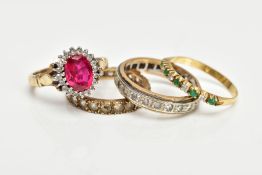 FOUR YELLOW METAL RINGS, one ring assessed as synthetic ruby, oval cut, set with a halo of twenty