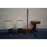 A VICTORIAN MAHOGANY SWIVEL TOP PIANO STOOL, along with a pair of Greek glazed ceramic table lamps