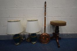 A VICTORIAN MAHOGANY SWIVEL TOP PIANO STOOL, along with a pair of Greek glazed ceramic table lamps