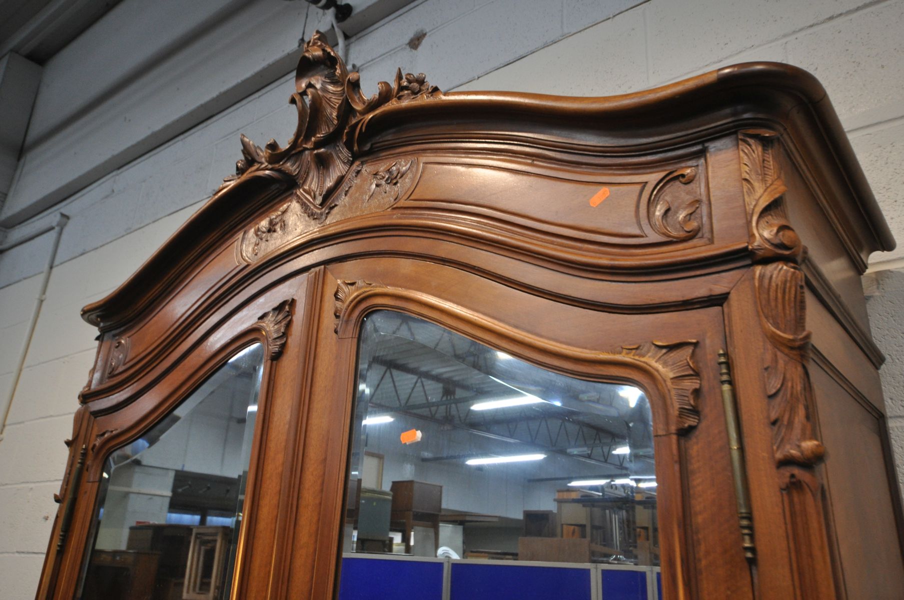 A FRENCH HARDWOOD ARMOIRE, with double bevelled edge mirror doors, enclosing three adjustable - Image 2 of 5