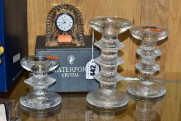 FOUR PIECES OF MODERN CLEAR GLASSWARE, comprising a Waterford Crystal quartz movement clock,