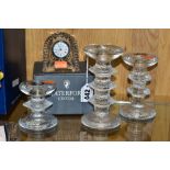 FOUR PIECES OF MODERN CLEAR GLASSWARE, comprising a Waterford Crystal quartz movement clock,