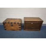 AN EARLY 20TH CENTURY PINE AND METAL BANDED TOOL CHEST, width 69cm x depth 40cm x height 40cm, along