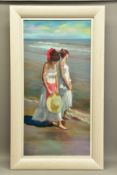 DOMINGO ALVAREZ GOMEZ (SPAIN 1942) 'LA PLAYA', two female figures walking on a beach, signed