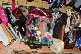 THREE BOXES OF VARIOUS HANDBAGS, CLUTCH BAGS, ETC, to include a box of Kipling bags and purses (some