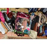 THREE BOXES OF VARIOUS HANDBAGS, CLUTCH BAGS, ETC, to include a box of Kipling bags and purses (some