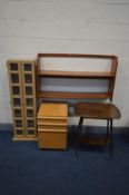 AN OAK OCCASIONAL TABLE, a tall modern two door cabinet, a beech three drawer filing cabinet and