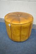A BROWN LEATHER CIRCULAR POUFFE, diameter 50cm x height 43cm (condition:-loose stitching to top)