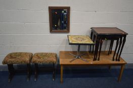 A PAIR OF OAK TRESTLE STOOLS, along with a mid-century teak coffee table, a nest of three tables,