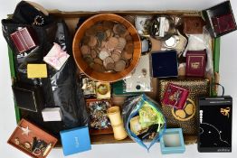 A BOX OF ASSORTED COSTUME JEWELLERY, COINS AND BOXES, to include a yellow metal Victorian Mother