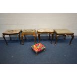 FIVE VARIOUS STOOLS, to include a Georgian style mahogany stool with a needlework drop in seat