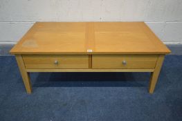 A LIGHT OAK COFFEE TABLE with two drawers, width 108cm x depth 61cm x height 41cm (condition:- fluid