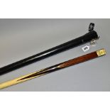 A WALTER LINDRUM WORLD CHAMPION CUE, ash shaft with ebony butt, ivorine plaque to butt end 'The