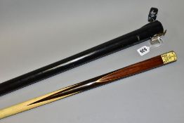 A WALTER LINDRUM WORLD CHAMPION CUE, ash shaft with ebony butt, ivorine plaque to butt end 'The