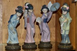 FOUR LLADRO GEISHA FIGURES, comprising 'Oriental Spring' No 4988, height 28cm not including parasol,