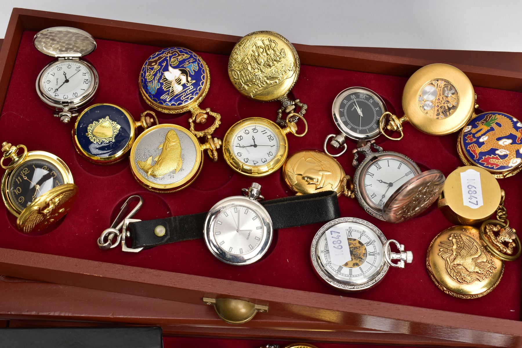 A WOODEN DISPLAY BOX OF NOVELTY POCKET WATCHES, wooden display box with three draws and a glass - Image 4 of 5