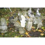 A LARGE COLLECTION OF COMPOSITE ANIMAL GARDEN FIGURINES, including cats, dogs, rabbits, crocodile (