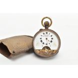 AN EIGHT DAY OPEN FACE METAL POCKET WATCH, the white face with black Roman numerals and floral