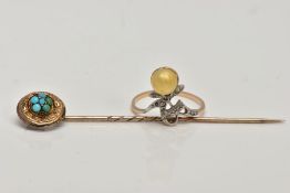 A YELLOW METAL TURQUOISE STICK PIN AND A YELLOW METAL RING, the stick pin of a circular design set