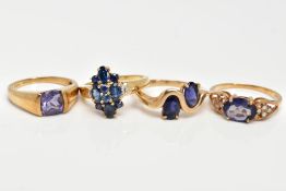 A 9CT GOLD SAPPHIRE CLUSTER RING AND THREE OTHER 9CT GOLD GEM SET RINGS, fifteen stone sapphire