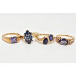 A 9CT GOLD SAPPHIRE CLUSTER RING AND THREE OTHER 9CT GOLD GEM SET RINGS, fifteen stone sapphire