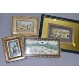 FOUR MINATURE PERSIAN PAINTINGS, comprising a Polo match before a Temple, size approximately 9.5cm x