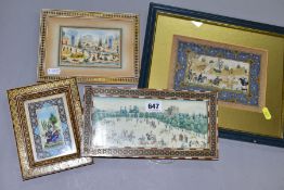 FOUR MINATURE PERSIAN PAINTINGS, comprising a Polo match before a Temple, size approximately 9.5cm x