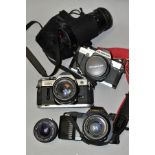 THREE FILM CAMERAS AND ACCESSORIES, including a Canon AE-1 fitted with a Canon Lens FD 50mm 1:1.8,