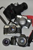 THREE FILM CAMERAS AND ACCESSORIES, including a Canon AE-1 fitted with a Canon Lens FD 50mm 1:1.8,