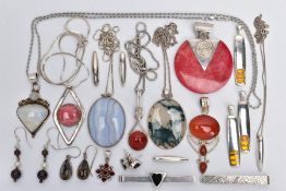 SELECTION OF SILVER JEWELLERY, to include gem set pendants, earrings and tie clips, some items